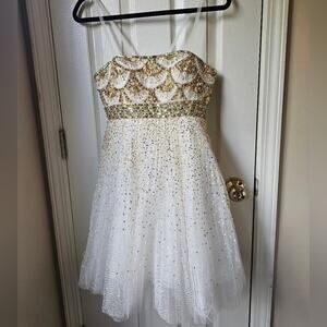 Sherri Hill Dress M Beaded Tulle Homecoming Short Fairy Princess Gold White 2794